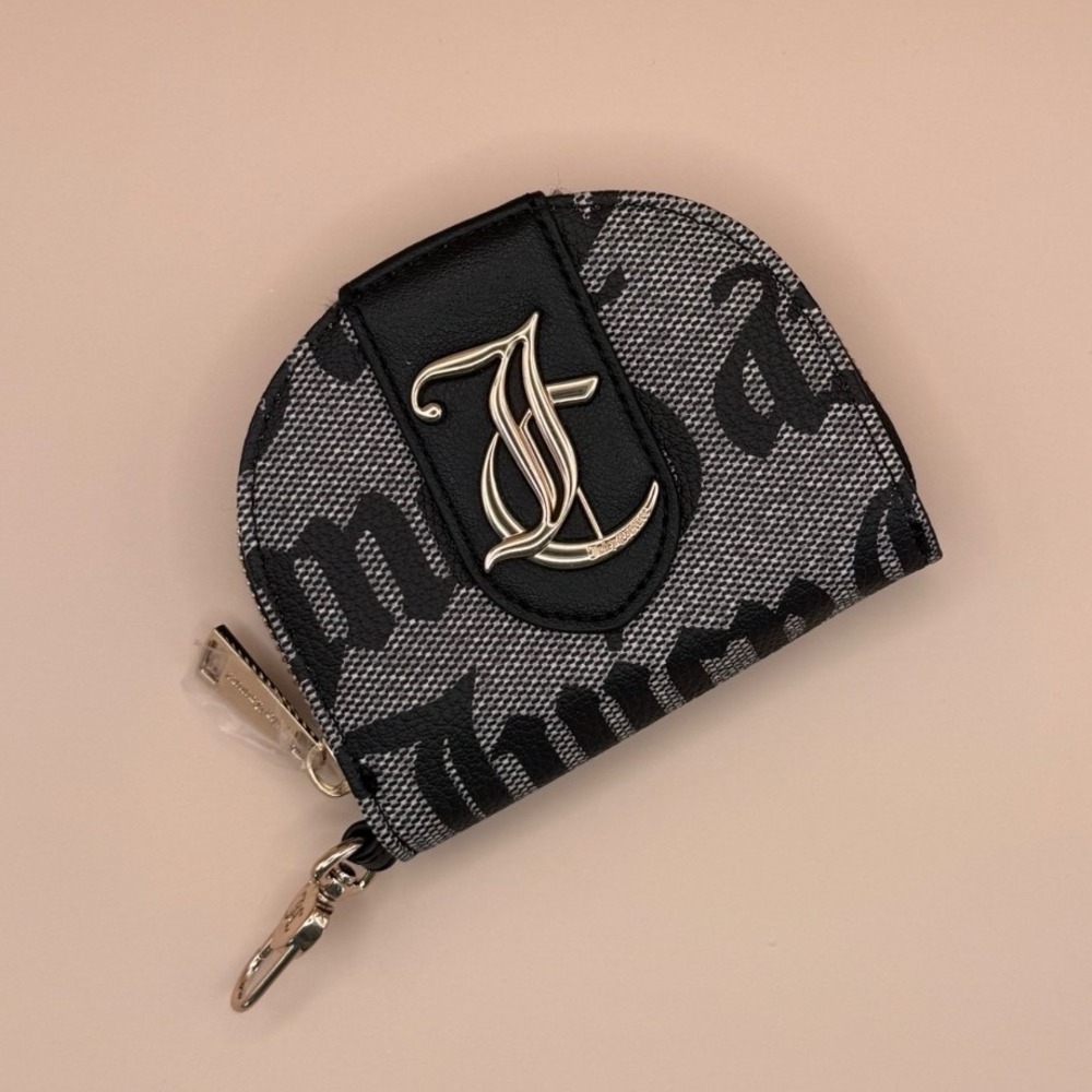 Juicy Couture Black Gothic Logo Coin Purse with Heart Mirror and Gold Hardware